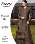 Breeze dhanak 3-piece winter suit with embroidered shirt, gela patches, heavy embroidered shawl, and plain trouser – 2025 collection.