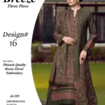 Breeze dhanak 3-piece winter suit with embroidered shirt, gela patches, heavy embroidered shawl, and plain trouser – 2025 collection.