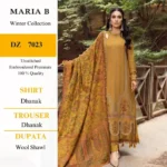 Maria B unstitched dhanak 3-piece suit with heavy embroidery, zari pashmina wool shawl, and plain trouser – Winter Collection 2025.