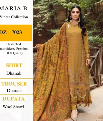 Maria B unstitched dhanak 3-piece suit with heavy embroidery, zari pashmina wool shawl, and plain trouser – Winter Collection 2025.