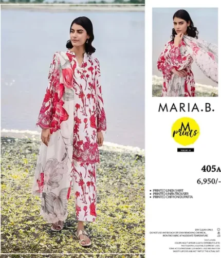 Maria B unstitched printed linen 3-piece winter suit with chiffon dupatta and trouser – Winter Collection 2025.