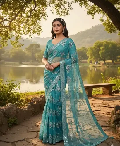 SSC soft net fully heavy embroidered saree with sequence work, 7.5-meter fabric – Saree Collection 2025.