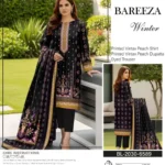 Bareeza vintax peach printed 3-piece suit with printed shirt, printed dupatta, and dyed trouser – 2025 collection.