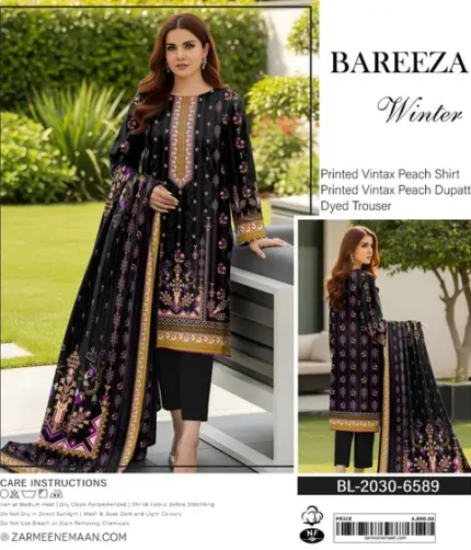 Bareeza vintax peach printed 3-piece suit with printed shirt, printed dupatta, and dyed trouser – 2025 collection.