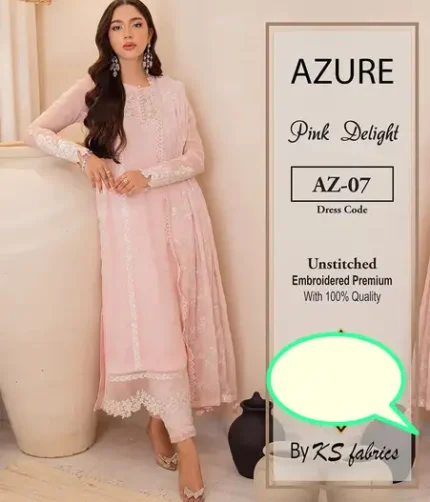 : Azure embroidered organza suit with adda work, cutwork border dupatta, and plain malaai trouser – 2025 collection.