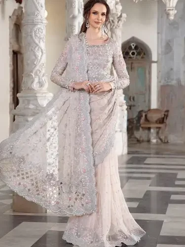 Maria B embroidered net saree with adda work, tassels, and silk petticoat – Exclusive Master Blaster edition 2025.