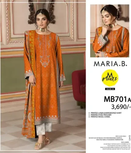 MARIA.B 3-piece unstitched embroidered linen suit with digital print shirt, wool shawl dupatta, and self trouser, premium winter collection 2025.
