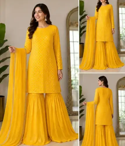Wedding 3 Piece Chiffon Garara Dress with 9MM Sequence Embroidery | SheraziShoppingCenter