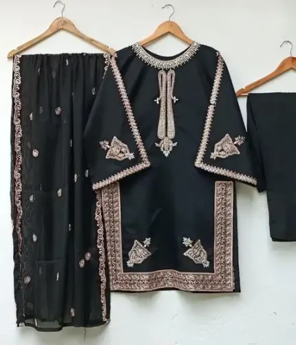 Embroidered Shamoz Silk 3 Piece Suit with Chiffon Dupatta | SheraziShoppingCenter
