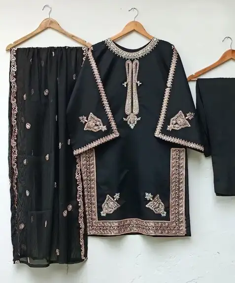 Embroidered Shamoz Silk 3PC Suit | SheraziShoppingCenter Embroidered Shamoz Silk 3 Piece Suit with Chiffon Dupatta | SheraziShoppingCenter
