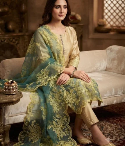 Silk Kataan 3 Piece Dress With Masoori Embroidered Dupatta and Khusa | SheraziShoppingCenter